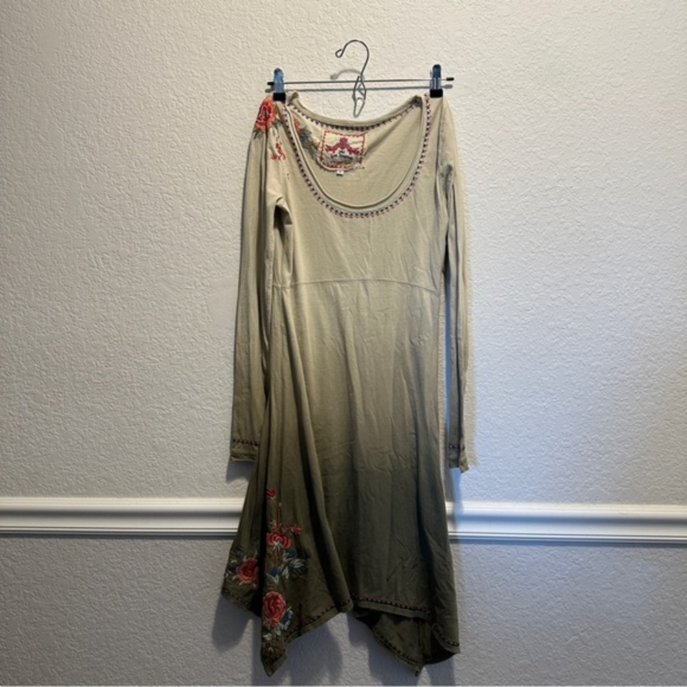 Johnny Was Olive Green Maxi Dress with Floral Embroidery
